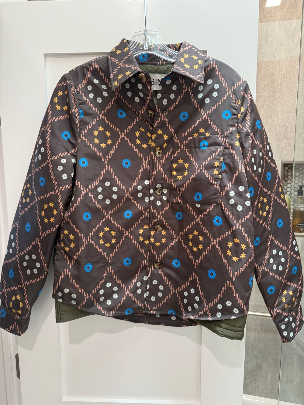 Love binetti Quilted Puffer Jacket - Brown with Blue & Yellow Accents